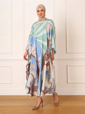 Mavi Etnik Desenli Saten Ferace