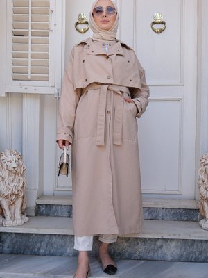 Çıtçıtlı Parçalı Regular Kesim Trençkot Krem Çıtçıtlı Parçalı Regular Kesim Trençkot Krem