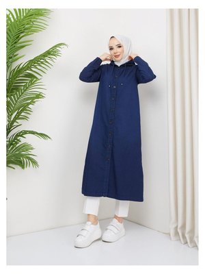 Denim Kapüşonlu Kap Denin Pardesü Lacivert