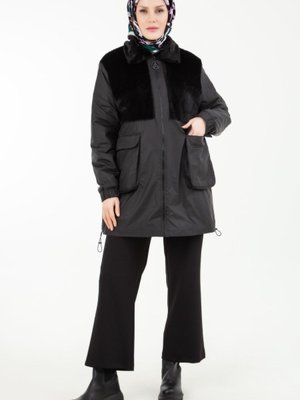 Trend Önü Peluş Kürk Detaylı Kapitone Mont