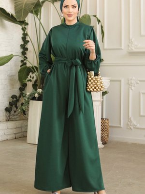 Fulya Kolları Lastikli Kemerli Tulum Zümrüt Yeşili