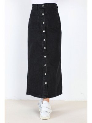 Antrasit Önden Düğmeli Kot Etek