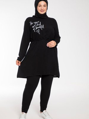 Baskılı Siyah Dokuma Viskon Büyük Beden Takım