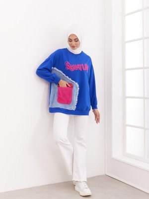 Peluş Cepli Aplikeli Sweatshirt Saks