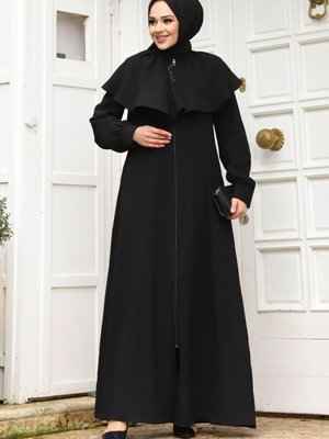 Yakası Fırfır Detaylı Ferace Siyah