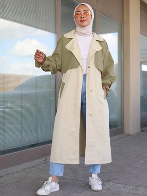 Haki Kuşaklı Cepli Iki Renk Trençkot Haki Kuşaklı Cepli Iki Renk Trençkot