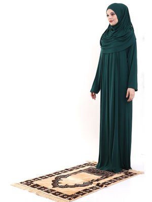 Petrol Tek Parça Pratik Başörtülü Robalı Namaz Elbisesi Yeşil