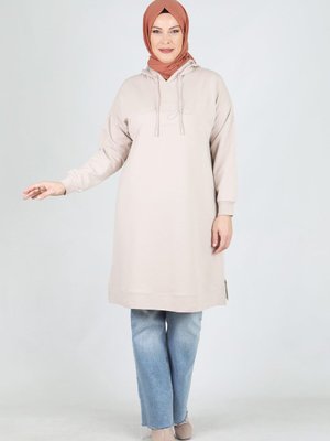Bej Büyük Beden Nakış Detaylı Kapüşonlu Ara Boy Tunik