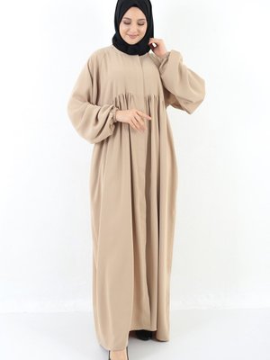 Bej Boydan Fermuarlı Büzgülü Ferace
