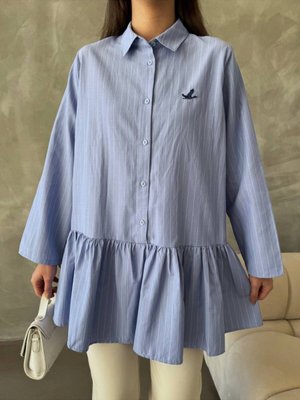 Kuş İşlemeli Mavi Çizgili Gömlek