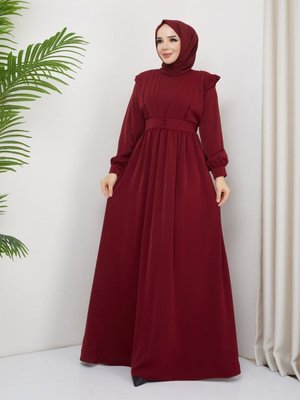 Düğme Detaylı Omzu Fırfırlı Büyük Beden Uzun Abiye