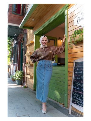 Boydan Düğmeli Körük Cepli Kot Etek Açık Mavi