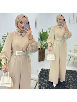 Dubai Krep Kumaş Yaka Ve Kol Manşetleri İnci İşlemeli Kapris Tulum