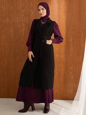 Kuşaklı Cep Detaylı Kaşe Yelek Siyah