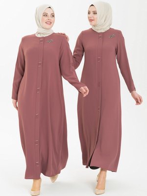 Boncuk Işlemeli Nervür Detaylı Gül Kurusu Ferace