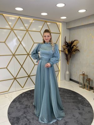 Omuzu Taşlı Sema Abiye Elbise Mint Yeşili