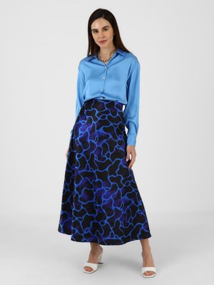 Saks Mavisi Desenli Kloş Saten Etek Saks Mavisi Desenli Kloş Saten Etek