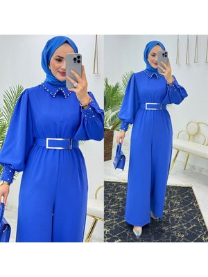 Dubai Krep Kumaş Yaka Ve Kol Manşetleri İnci İşlemeli Kapris Tulum