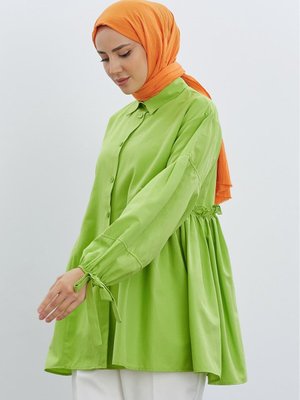 Manşet Bağcıklı Yanı Büzgü Detaylı Gömlek Lime Manşet Bağcıklı Yanı Büzgü Detaylı Gömlek Lime