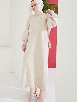 Mina Balon Kol Triko Elbise Ekru