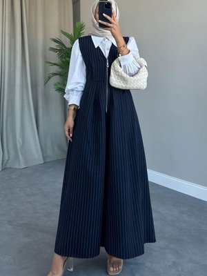 Çizgili Fermuarlı Tulum Lacivert