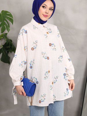 Saks Mavi Kol Bağlamalı Keten Gömlek