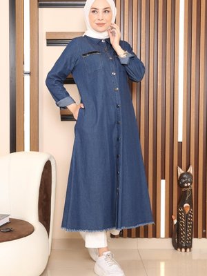 Düğmeli Şerit Simli Tunik Koyu Kot