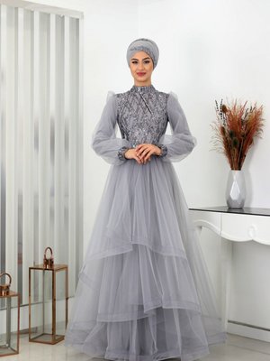 Pul Payetli Su Abiye Elbise Gri