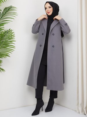 Gri Çift Düğmeli Kaban, Kruvaze Yaka Kaşe Kaban Kışlık