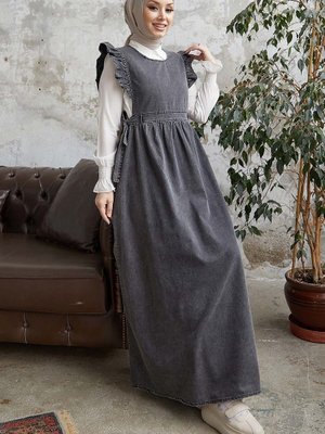 Omuzu Fırfırlı Kot Jile Elbise Gri Omuzu Fırfırlı Kot Jile Elbise Gri