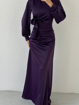 Büzgü Ve Düğüm Detaylı Saten Abiye Elbise Koyumor Büzgü Ve Düğüm Detaylı Saten Abiye Elbise Koyumor