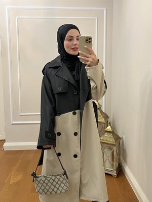 Çift Renk Trençkot Siyah
