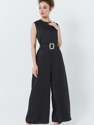 Taş Tokalı Kemerli Siyah Tulum