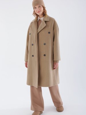 Bej Arkadan Yırtmaçlı Kaşe Kaban