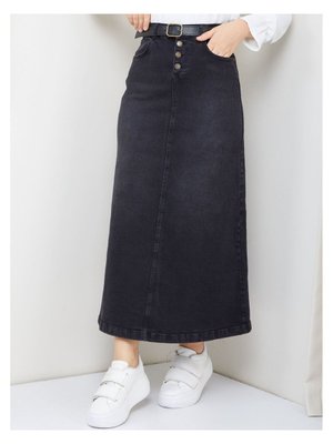 Doğal Kumaşlı Kemerli Kot Etek Siyah