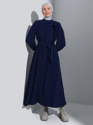 Lacivert Aerobin Volan Detaylı Kuşaklı Elbise