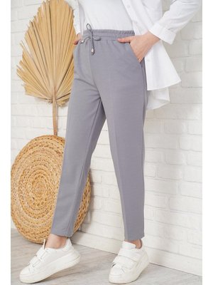 Gri İp Detaylı Beli Lastikli Bilekte Pantolon