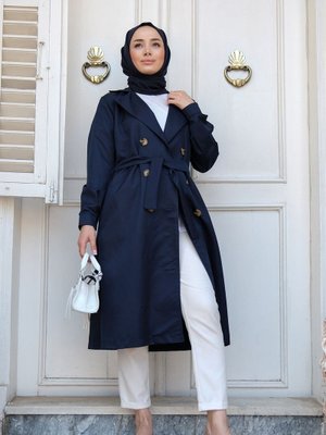 Lacivert Bel Bağlamalı Trenç Lacivert Bel Bağlamalı Trenç