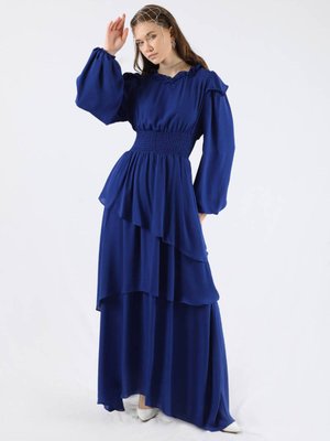 Asimetrik Şifon Elbise Saks Asimetrik Şifon Elbise Saks