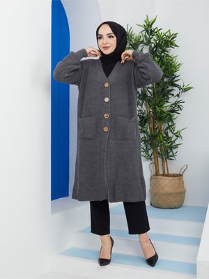 Düğmeli Cepli Triko Salaş Hırka