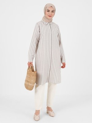 Yanları Yırtmaçlı Çizgili Tunik Vizon