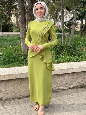 Yağ Yeşili Puane Drapesi Taşlı Abiye Elbise