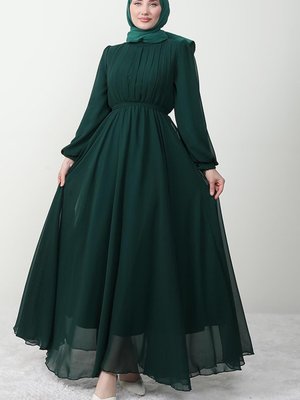 Beli Lastikli Pileli Şifon Elbise Zümrüt Beli Lastikli Pileli Şifon Elbise Zümrüt
