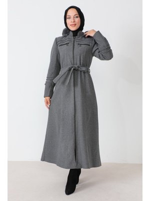 Gri Süs Cepli Fermuarlı Tam Boy Kaşe Kaban Gri Süs Cepli Fermuarlı Tam Boy Kaşe Kaban