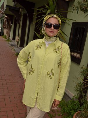 Nakışlı Oversize Gömlek Tesettür Tunik