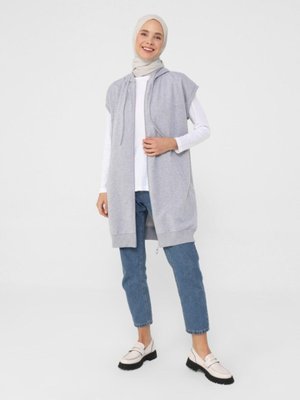 Boydan Fermuarlı Kapüşonlu Kolsuz Sweatshirt Gri Melanj Basic