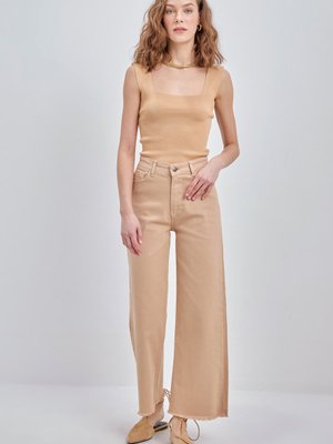 Bej Pamuklu Paçası Püsküllü Parça Boya Pantolon