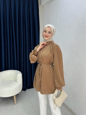 Belden Bağlamalı Balon Kol Saten Gömlek Belden Bağlamalı Balon Kol Saten Gömlek