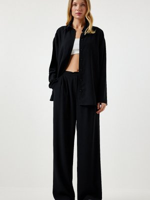 Siyah Mevsimlik Dokuma Gömlek Palazzo Pantolon Takım