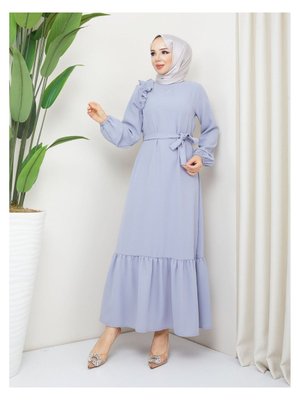 Krep Kumaş Omuz Fırfırlı Elbise Gri